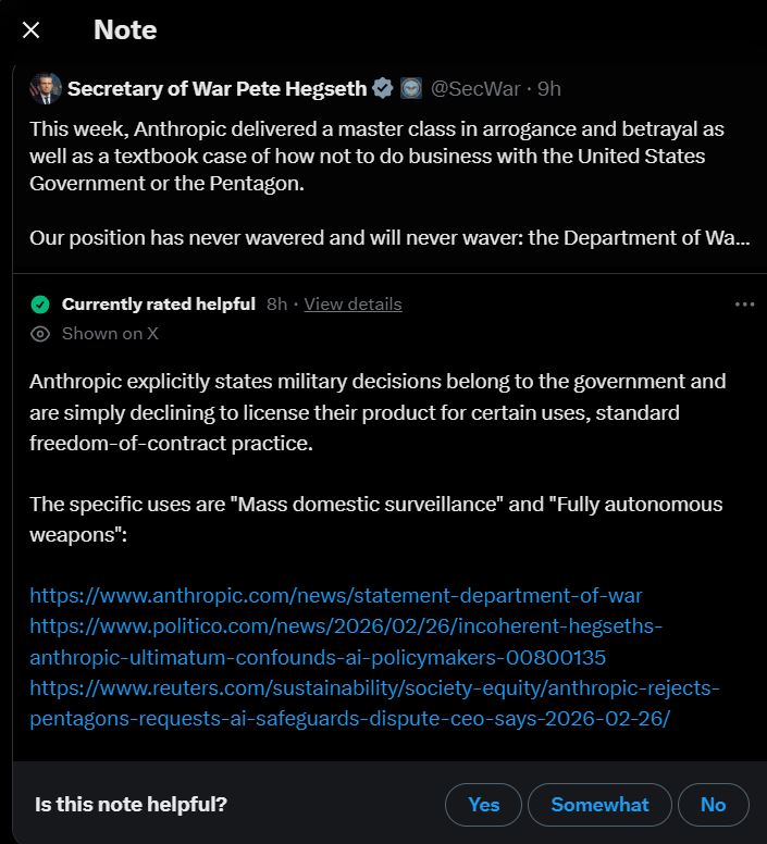 US Secretary of War Gets Community Noted on X Amid Backlash Over Donald Trump's Stance on Anthropic's Liberal Policies, Sam Altman Gets Involved 2 Deleted community post/ Source: X(screenshot)